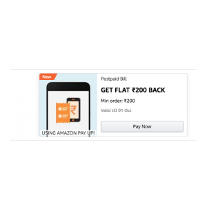 Flat 200 cashback on Postpaid Bill Payments in Amazon for Amazon Prime Members only (Amazon pay UPI payment only)